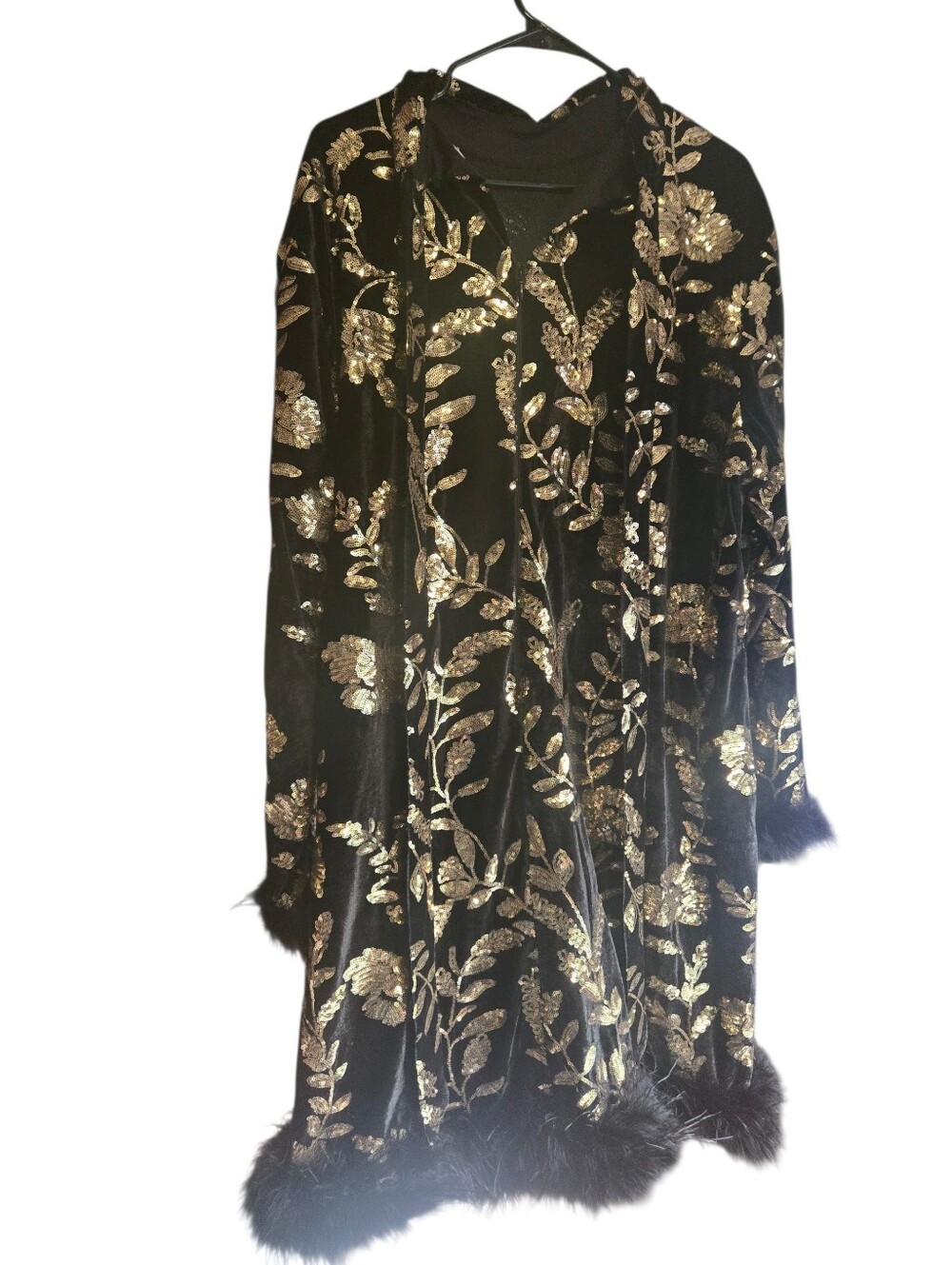 NWT, Ivy City Co., Black Velvet Dress with Gold Floral Embroidery and Fur Trim